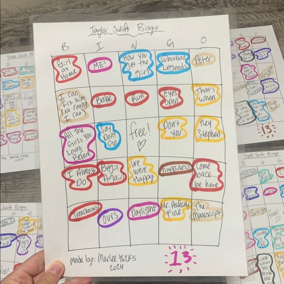 Handmade Taylor Swift Bingo Sheets - Set of 6 - Picture 3 of 7